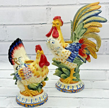 Pair Rooster Chicken Hen Ceramic Candleholders Fitz and Floyd Ricamo Handpainted picture