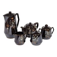 Japanese Redware Brown Betty Hand Painted Moriage Pottery 5pc Tea Set Vintage picture