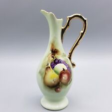 Vintage Lefton Ewer Vase Hand Painted Fruit Green Porcelain #8287 Gold Trim Jug picture