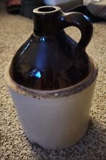Antique Whiskey Jug, 1 Finger Handle Stone Brown Ceramic Top Stone Bottom 11-3/4 picture