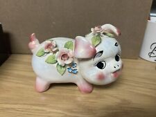 Vintage Floral Iridescent Hand Painted Pink Piggy Bank Porcelain Flowers READ picture