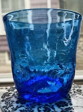 Brutalist Blenko Blue Whiskey Glass Pinch Dent Crackle Hand Crafted Barware-6 picture