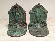 Art Deco Antique Peacock Cast Iron Book Ends Petina Green Painted Finish picture