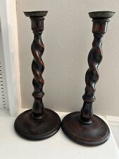 Vintage Pair English Barley Twist Wood Candlesticks/Candleholders Antique 12