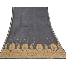 Sanskriti Vintage Greyish Black Sarees Pure Silk Hand Beaded Premium Sari Fabric picture