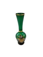 Vintage Glass Hand Painted GREEN Gold Flower Bud Vase picture