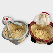 VTG Set of 2 Plush Holiday Round Basket Santa Clause Red Silver Snowman Decor picture