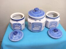 CANISTER SET WHITE & BLUE CERAMIC SET OF  3 picture