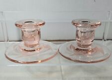 Pair Pink Etched Deression Glass single candle holders picture
