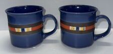 Vintage Pair Of Blue Striped Color Block 1990s Style Mugs picture