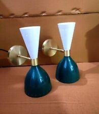 Pair Of 1950's Mid Century Brass Italian Diabolo Wall Sconce Blue  Light Fixture picture