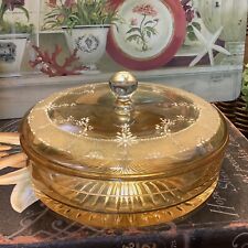 Vintage~Heisey Glass~Covered Candy Dish~7” Round~Light Amber w/White Decoration~ picture
