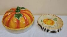 Ceramic Pumpkin Pie Keeper with 4 Plates Set In VGC picture