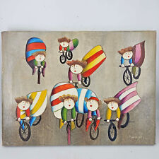 Vintage Joyce Roybal Signed Print on Canvas Bycicle Family 16 X 12 picture