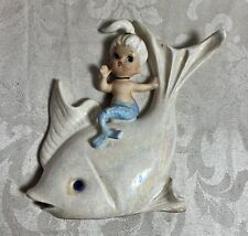 Vintage Norcrest Ceramic Mermaid on Iridescent Fish, Wall Plaque, Figurine H-9
