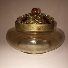 1920s Art Deco Czech Glass Powder Dresser Vanity Jar  Brass Filigree Jeweled Lid picture