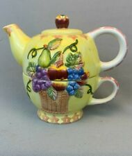 Nantucket Porcelain Tea Pot/Cup for One 3 Piece Set Fruit Basket - Yellow & Pink picture