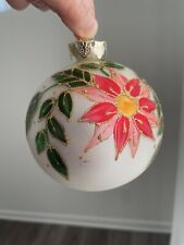 VTG Hand Painted Glass Christmas Ornament Poinsettia Ball Glitter Accents Floral picture