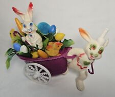 Vintage Flocked Easter Bunny Pulling Cart Rare picture