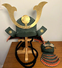 Reproduction Japanese Green Metal Samurai Helmet with Menpo Mask Stand picture