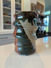 Vintage Signed Studio Art Stoneware Pottery Blue Drip Glaze Vase Vessel picture