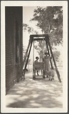 Two Women at Yard Swing with Pet Dog and Sheep Original 1920s Animal Snapshot picture
