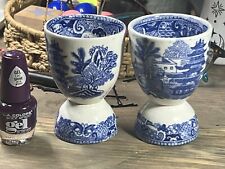 Vintage England  Set Of 2 Scenery Blue White Transfer Double Egg Cups. picture