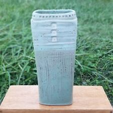 Aqua Green Rectangle Vase Signed Studio Art Pottery Asian Seafoam Chinese Tall picture