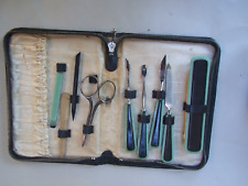 Vintage  Manicure Set Green Bakelite Pedicure Tools in Black Leather Case 1920's picture