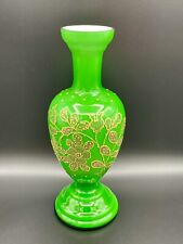 LARGE Antique Victorian Cased Glass Mantel Vase Emerald Green Enameled Florals picture
