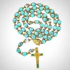 St. Benedict Turquoise Rosary Beads Catholic Necklace Flowers Mystery Beads picture