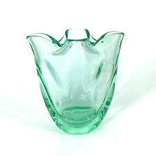Vtg hand blown Art Glass Vase Pinched  Rim Heavy polished Base Clear Green 4.5'' picture
