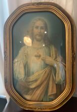 Antique Print Sacred Heart of Jesus , Frame Under Convex Glass 18.25