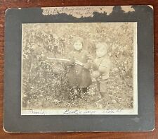 ATQ 1910s Photo on Board Little Boys Playing Outside Cold Toy Guns Rifle Pistol picture