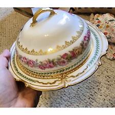 CH Haviland LIMOGES Antique Covered Butter Dish with Plates Pink Roses Gold picture