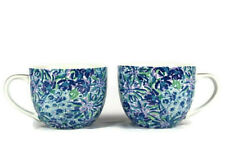 Lily Pulitzer Lot of 2 Abstract Blue Floral Ceramic Cup Mug Gold Handle 12Oz EUC picture