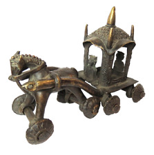 ANTIQUE RARE INDIA HINDU BRONZE TEEMPLE HORSE CHARIOT STATUE KIDS TOY ON WHEELS picture