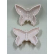 (2) Vintage Jeannette Glass Shell Pink Milk Glass Butterfly Ashtray Trinket Dish picture