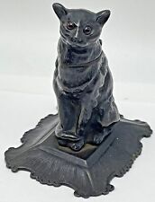 Antique Miniature Black Cat Cast Bronze Glass Eyes Match Safe Holder Strike picture