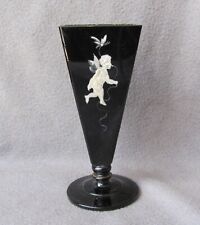 Victorian Black Glass V-Shape Vase w/ Enameled Cherub picture