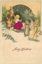 Postcard C-1905 Santa Christmas Angels sled winter scene 23-13473 picture