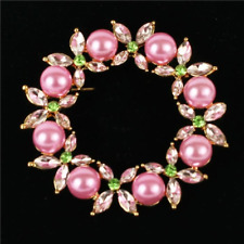 Pink and Green Pearl and Crystal Rhinestone Round Brooch picture