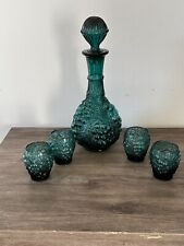 Vintage Green Grape Bubble Glass Decanter And 4 Glasses.  12”T Made In Italy picture