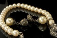 VINTAGE JUDITH JACK SIGNED MARCASITE FAUX PEARL STERLING NECKLACE EARRINGS SET picture