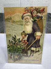 Postcard Old World Santa Purple Long Robe Pushing Wheelbarrow Toys 1908 Antique picture