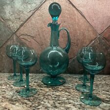 Vintage Hungarian Glass Carafe With 6 Wine Liquor Glasses Teal Green Aqua picture