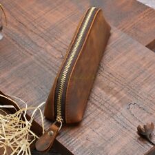 Handmade Genuine Leather Zipper Vintage Pen Bag Pencil Case Cosmetic Pouch Brush picture