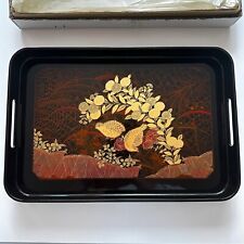 VINTAGE OTAGIRI ORIGINAL JAPAN Hand Crafted Lacquered Tray Golden BIRDS W/ Box picture