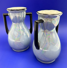 VTG MCM Lusterware Pottery Blue w/ Black Double Handle Bud Vase Czechoslovakia picture