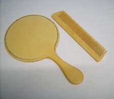 Antique Pyralin Hand Mirror, Comb Art Deco Yellow Celluloid Beveled Glass 1940 picture